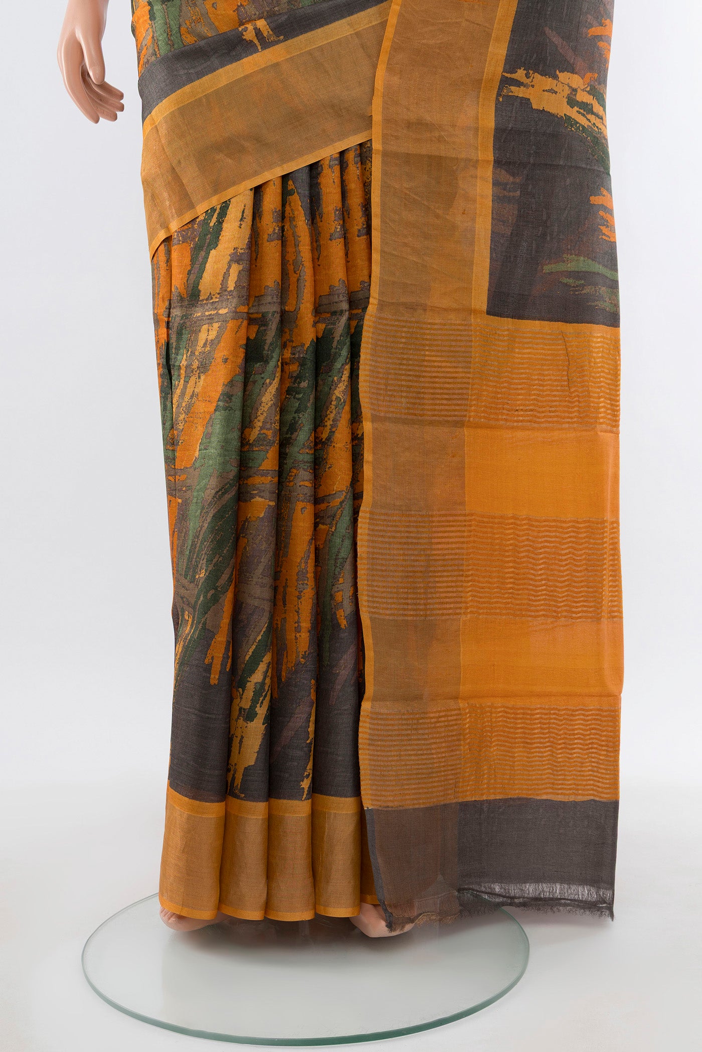 Pleats and pallu of Multi Color Tussar Silk Saree with Floral Print on the body and Silk Border. 