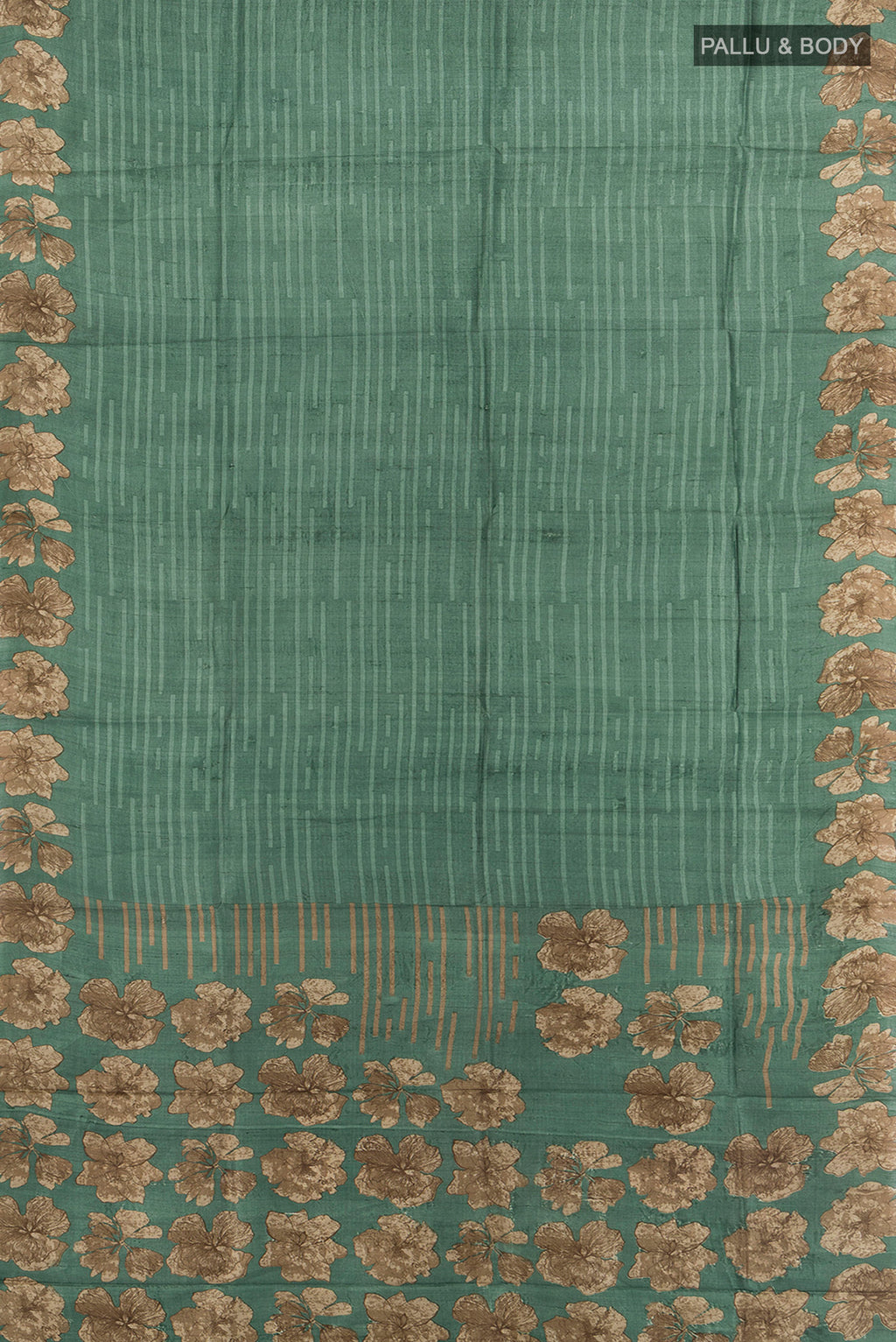 Flat view of Light Green Tussar Silk Saree with Floral Print on the body and Silk Border. 