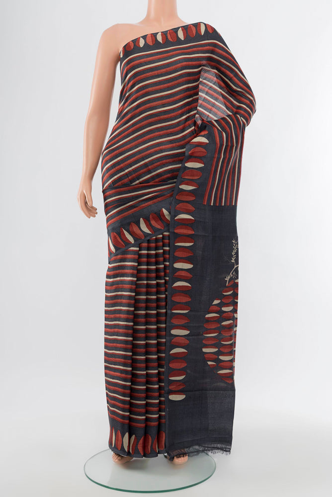 Multi Color Tussar Silk Saree with Fancy on the body and Fancy Border.  displayed on a mannequin