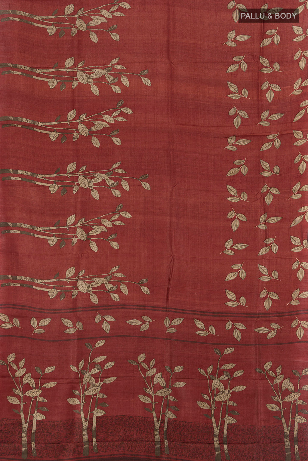Flat view of Brown Tussar Silk Saree with Floral Print on the body and Silk Border. 