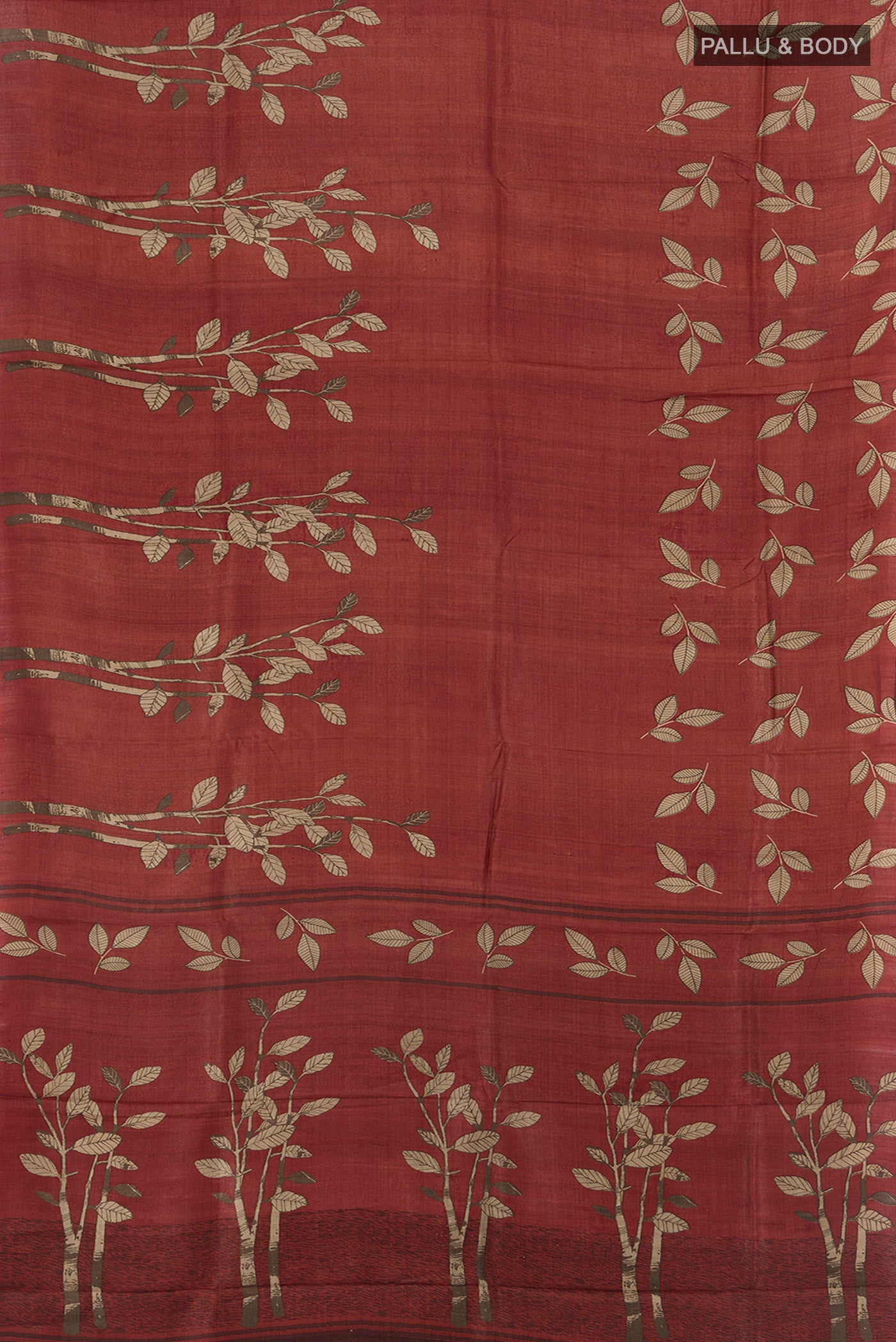 Flat view of Brown Tussar Silk Saree with Floral Print on the body and Silk Border. 