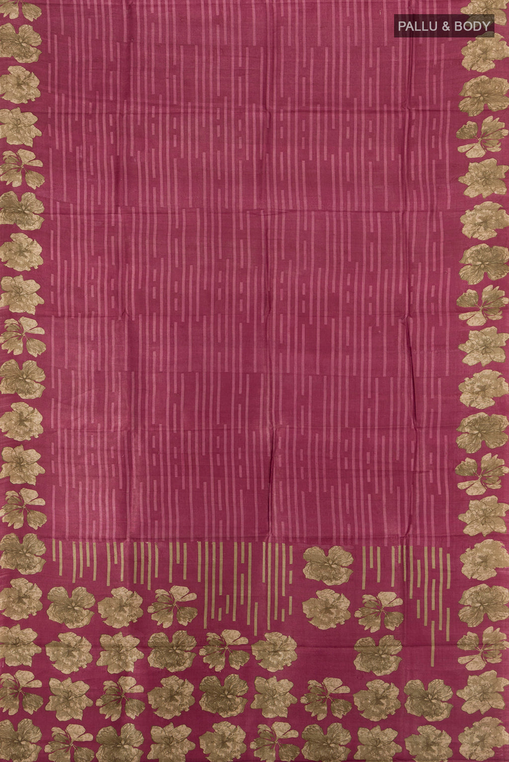 Flat view of Bronze Tussar Silk Saree with Floral Print on the body and Silk Border. 