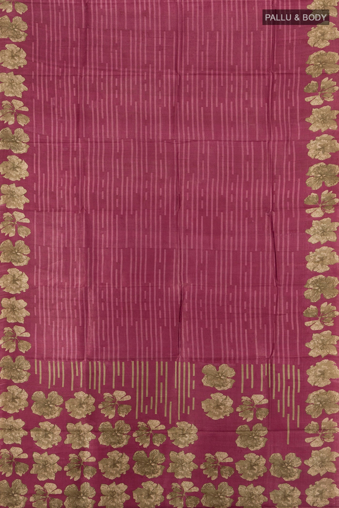 Flat view of Bronze Tussar Silk Saree with Floral Print on the body and Silk Border. 
