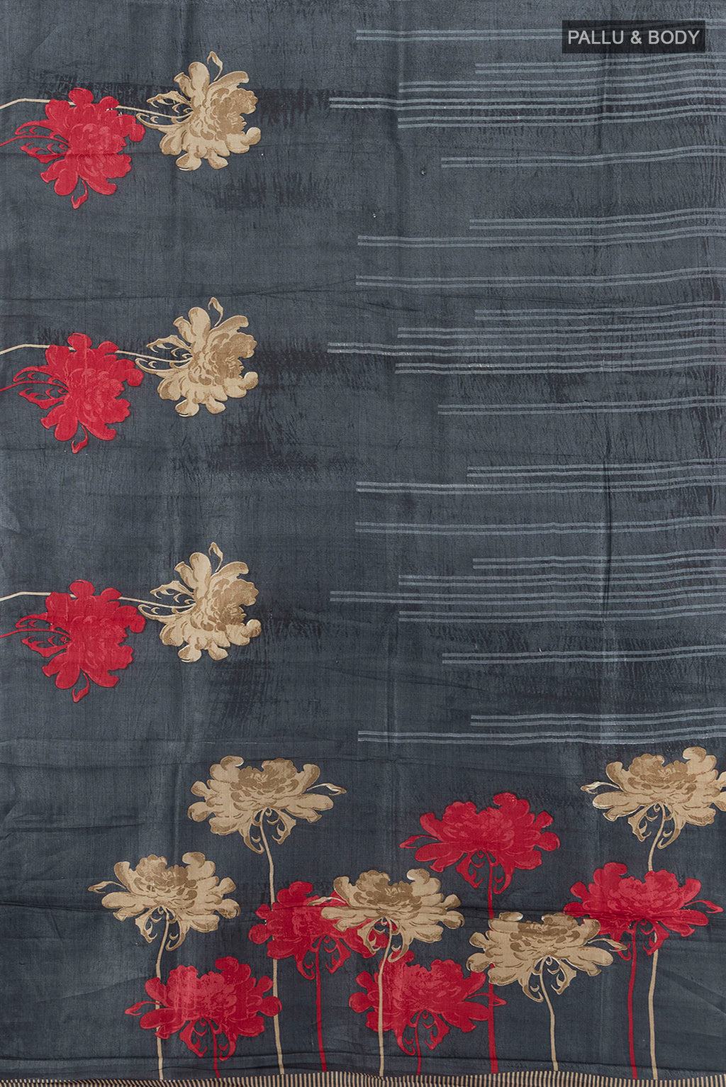 Flat view of Multi Color Tussar Silk Saree with Floral Print on the body and Silk Border. 