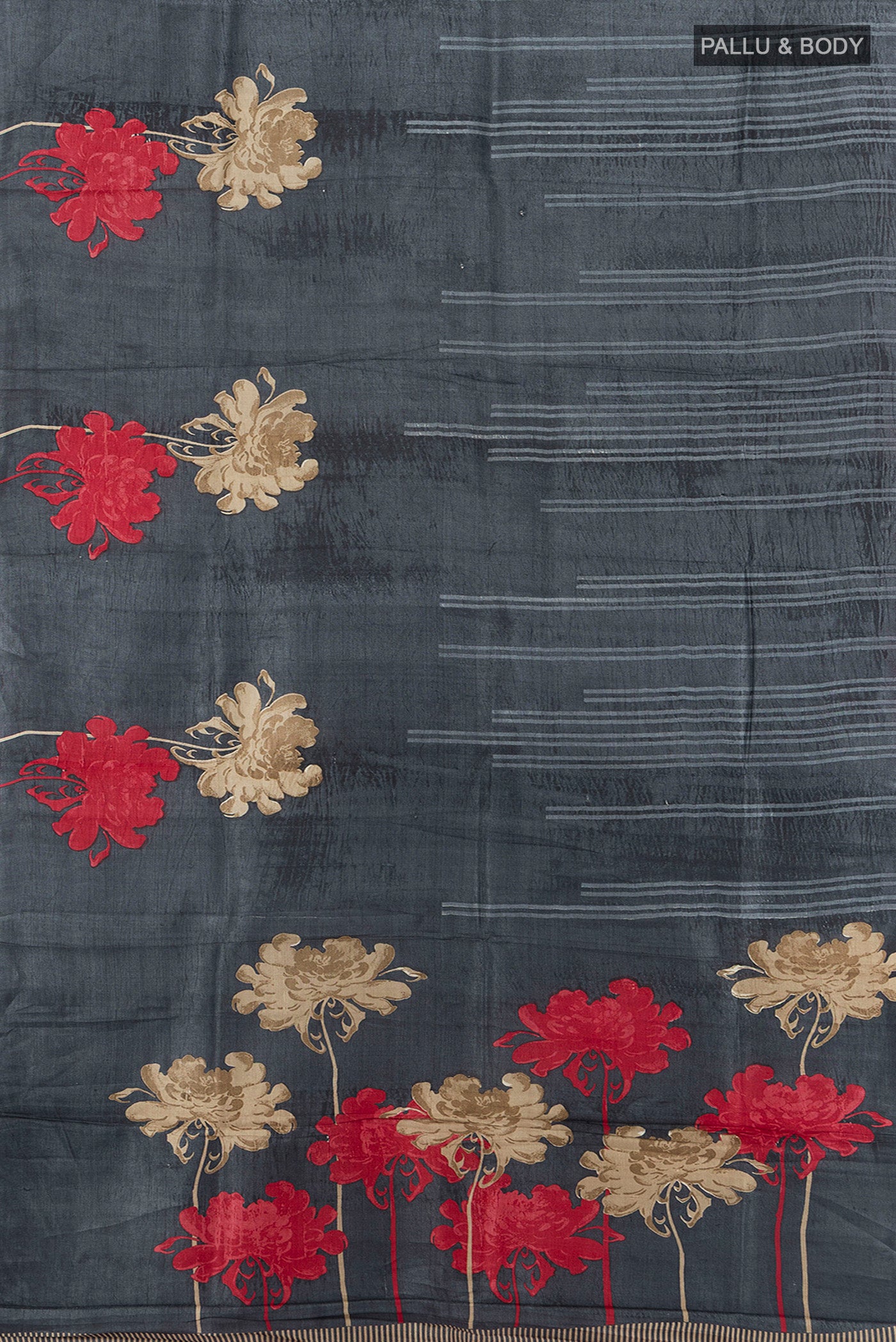 Flat view of Multi Color Tussar Silk Saree with Floral Print on the body and Silk Border. 