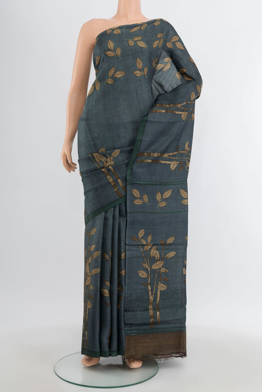 Davys Grey Tussar Silk Saree with Floral Print on the body and Without Border.  displayed on a mannequin