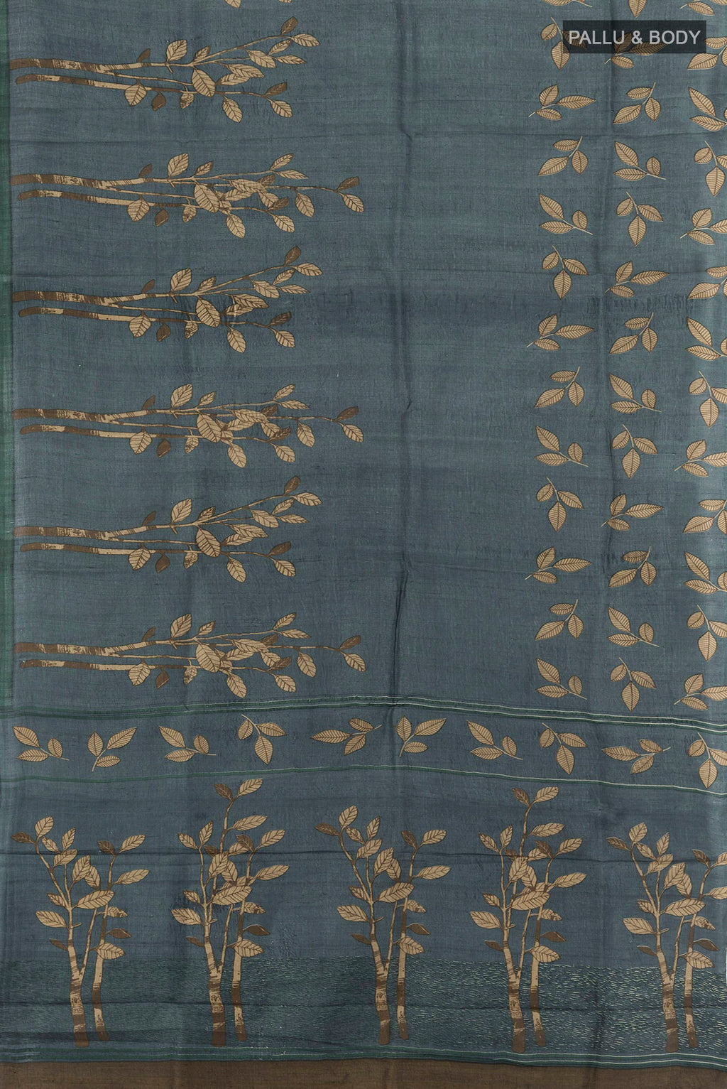 Flat view of Davys Grey Tussar Silk Saree with Floral Print on the body and Without Border. 