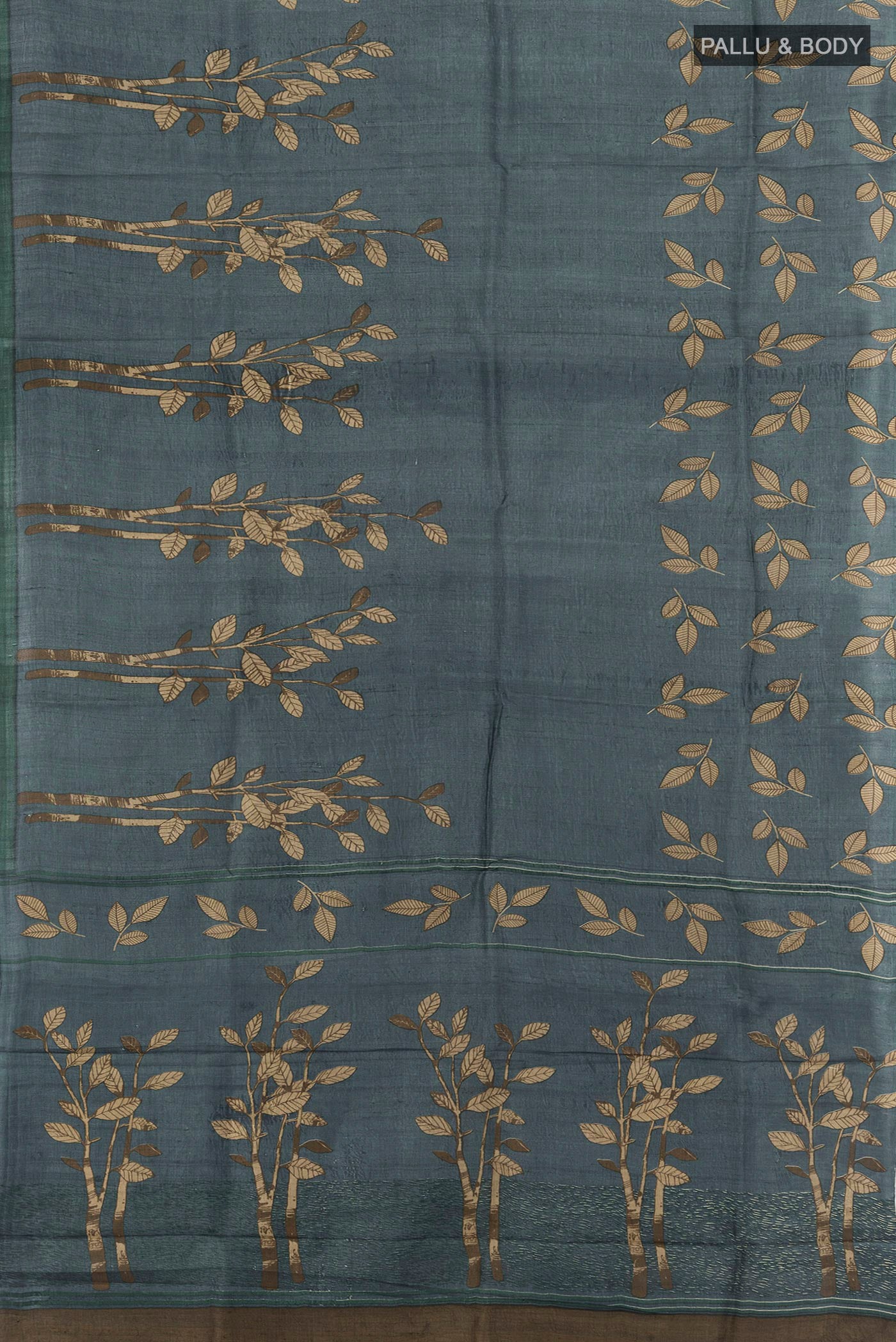 Flat view of Davys Grey Tussar Silk Saree with Floral Print on the body and Without Border. 