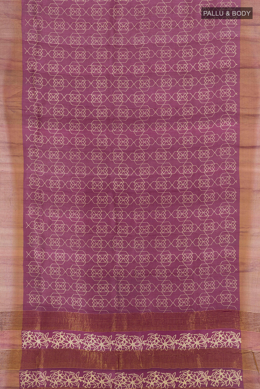 Flat view of Magenta Tussar Silk Saree with Floral Print on the body and Zari Border. 