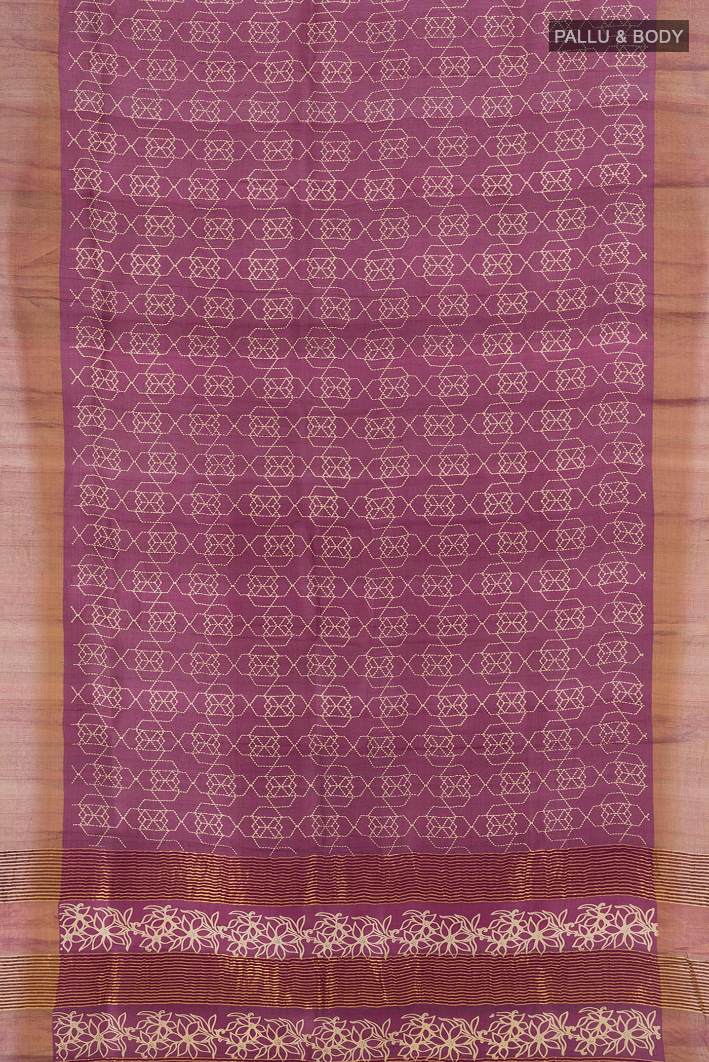 Flat view of Magenta Tussar Silk Saree with Floral Print on the body and Zari Border. 