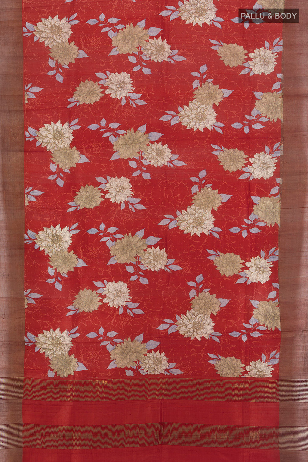 Flat view of Red Tussar Silk Saree with Floral Print on the body and Zari Border. 