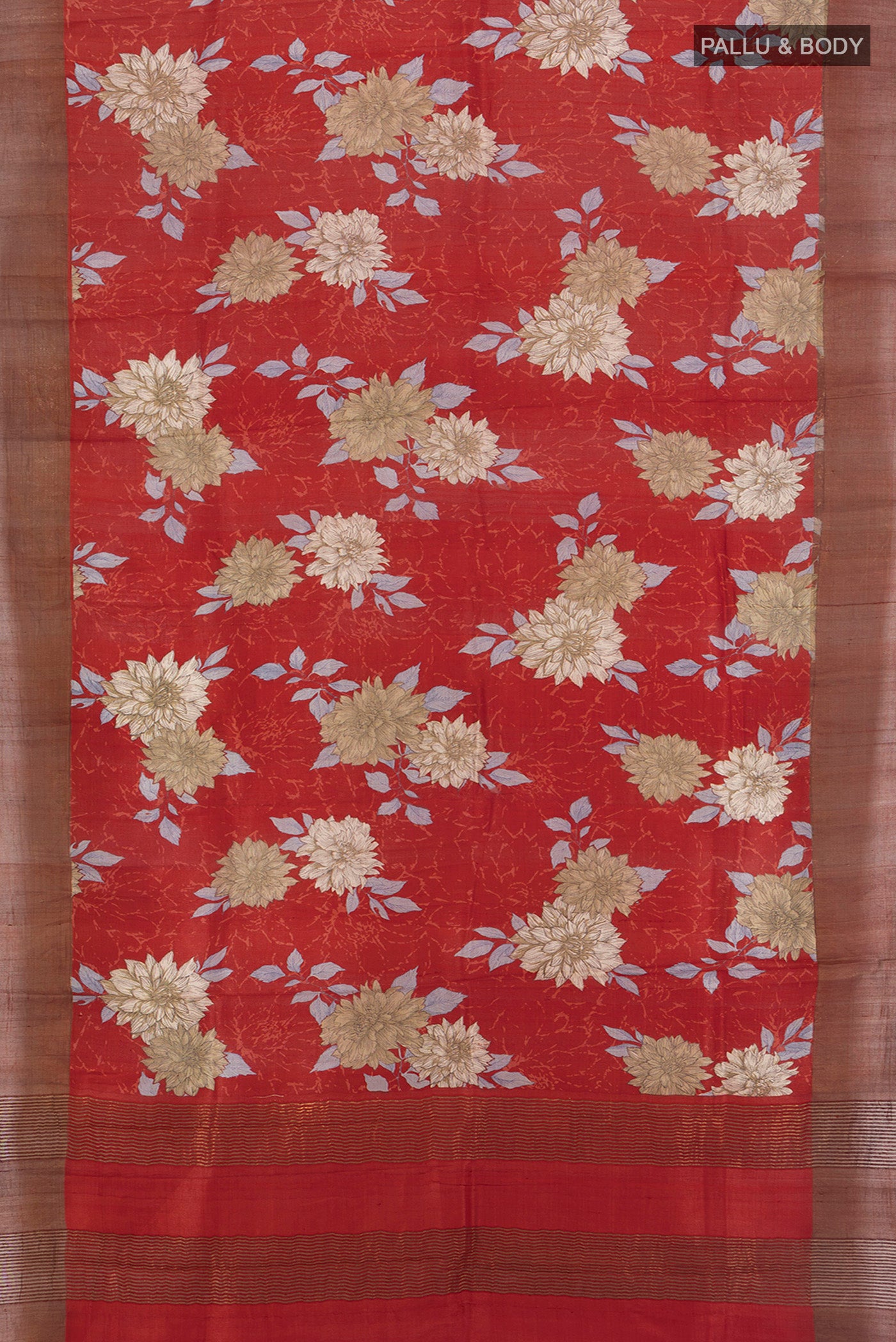 Flat view of Red Tussar Silk Saree with Floral Print on the body and Zari Border. 
