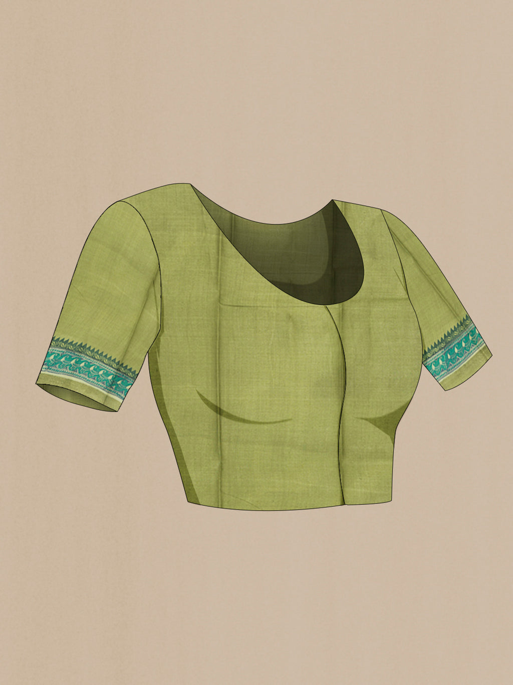Close up image of the blouse of Beige Tussar Silk Saree with Printed design on the body and Printed Border. 