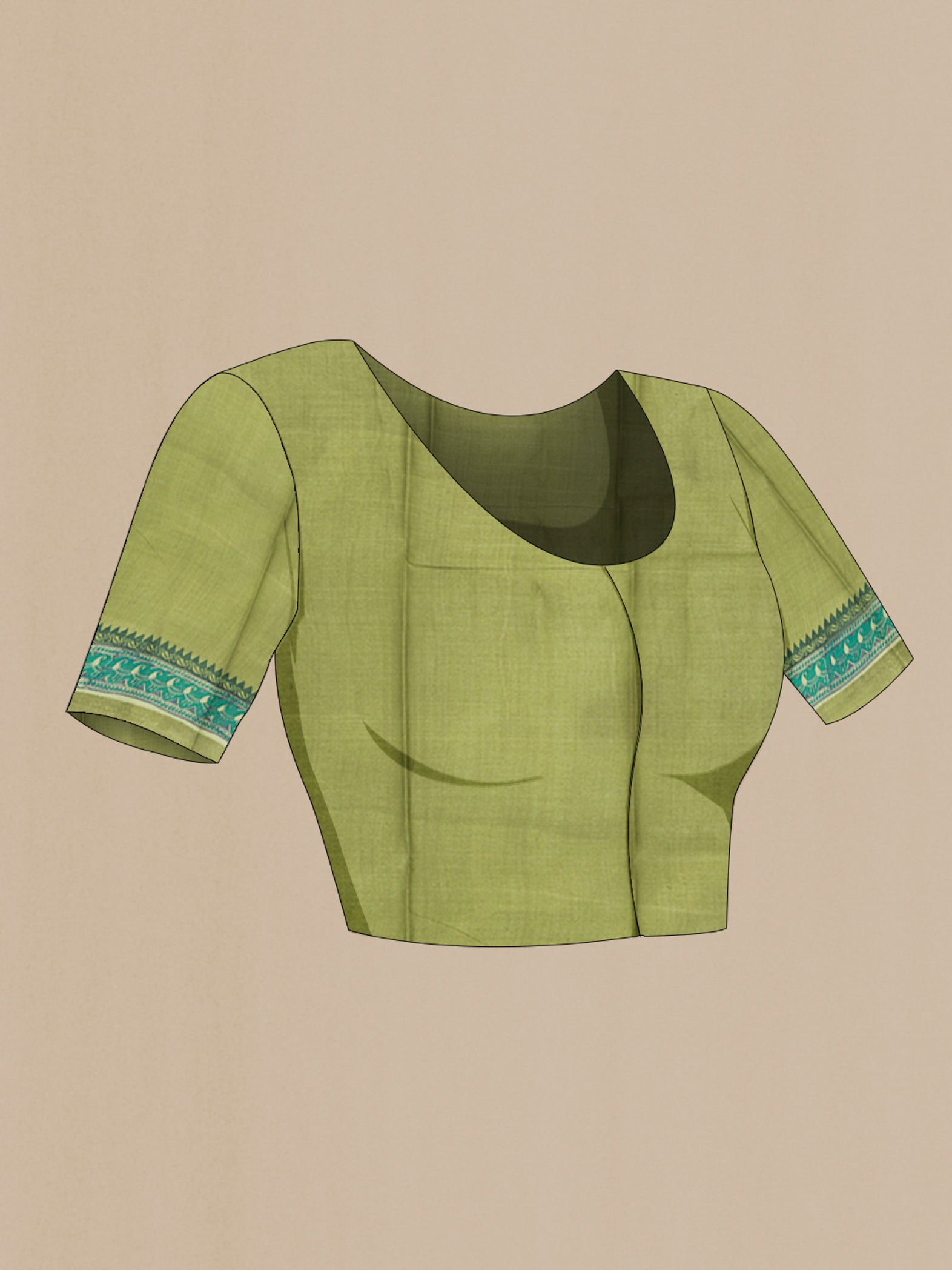 Close up image of the blouse of Beige Tussar Silk Saree with Printed design on the body and Printed Border. 