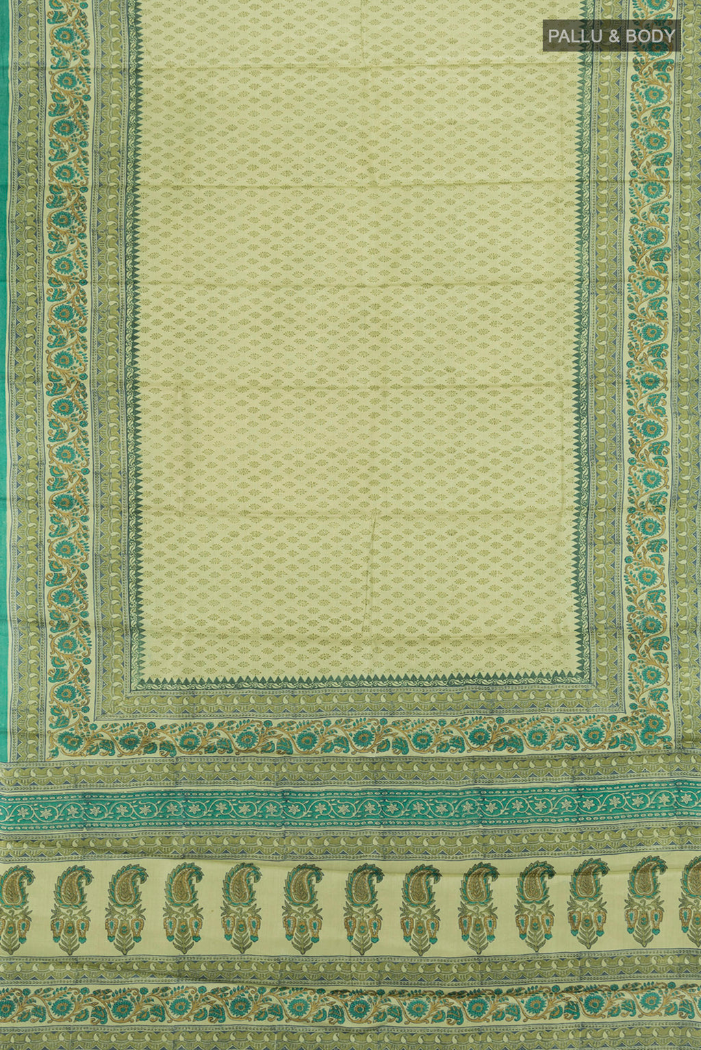 Flat view of Beige Tussar Silk Saree with Printed design on the body and Printed Border. 