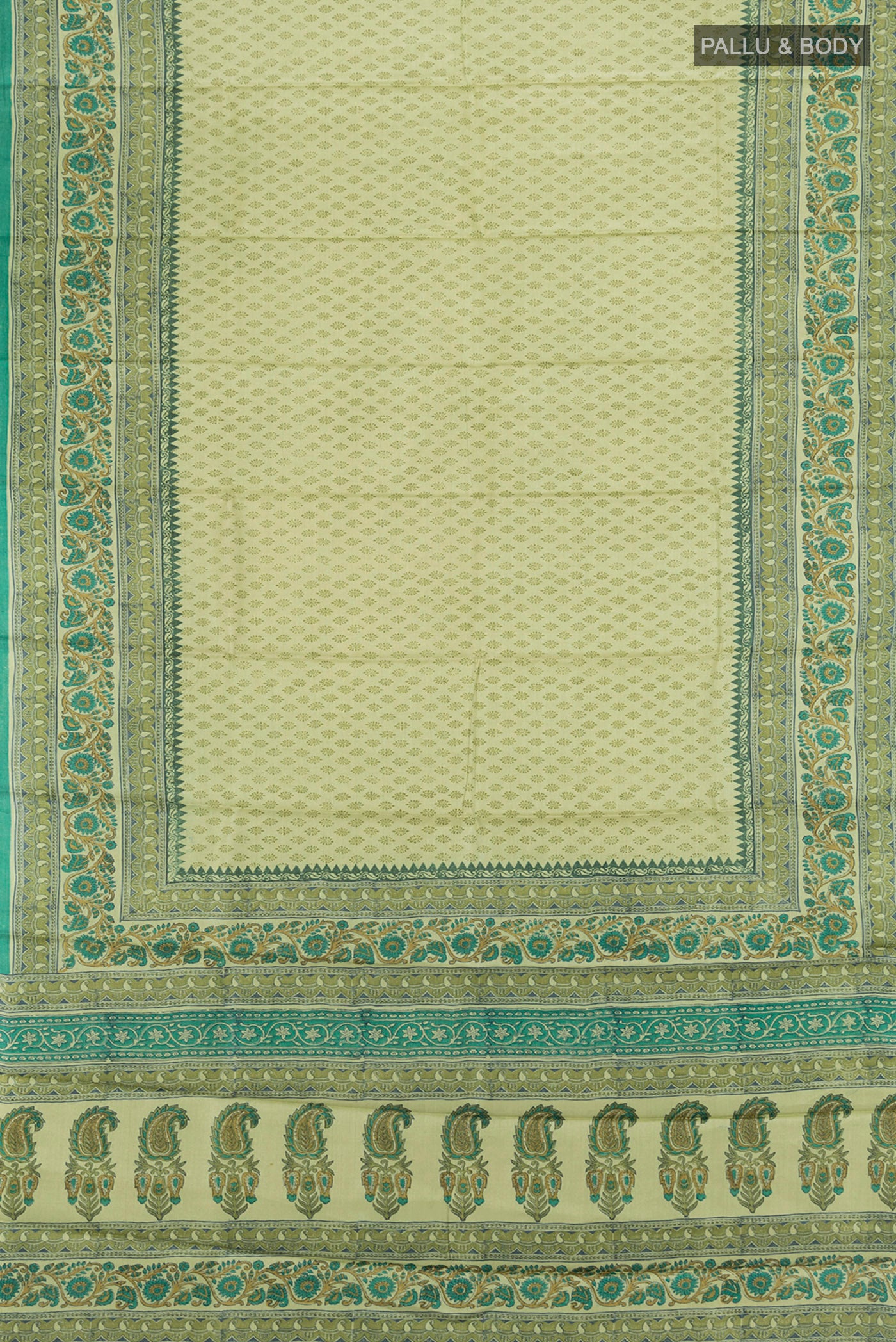 Flat view of Beige Tussar Silk Saree with Printed design on the body and Printed Border. 