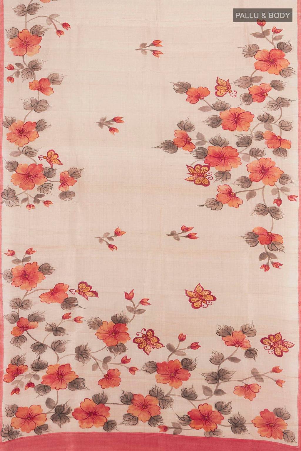Flat view of Sandal Tussar Silk Saree with Floral Print on the body and Printed Border. 