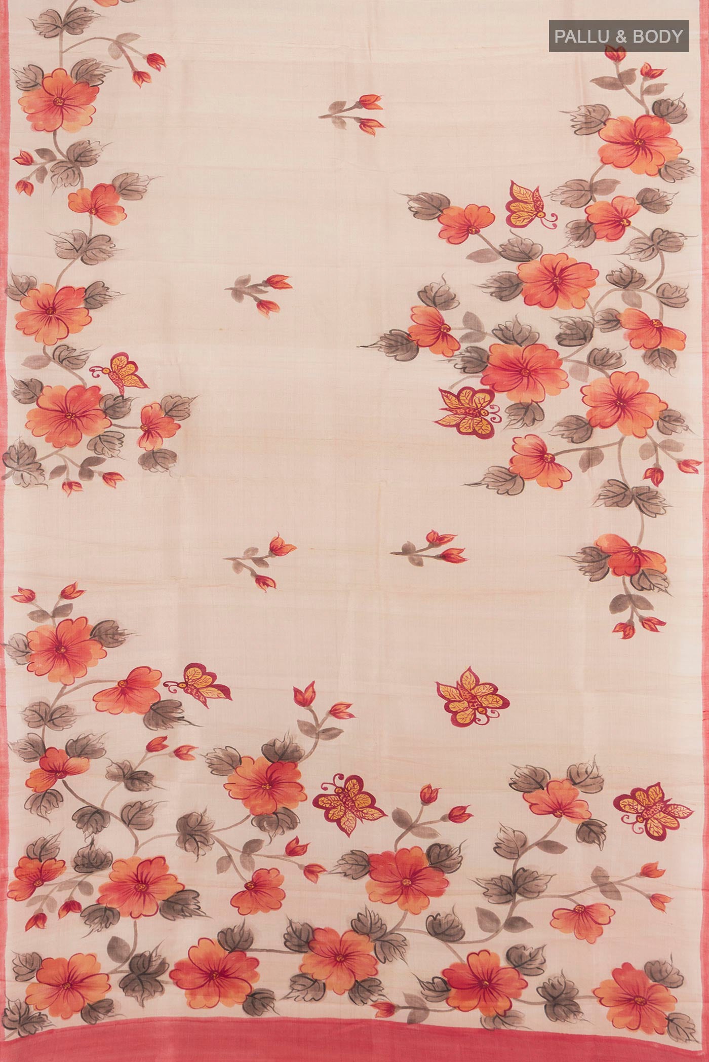 Flat view of Sandal Tussar Silk Saree with Floral Print on the body and Printed Border. 