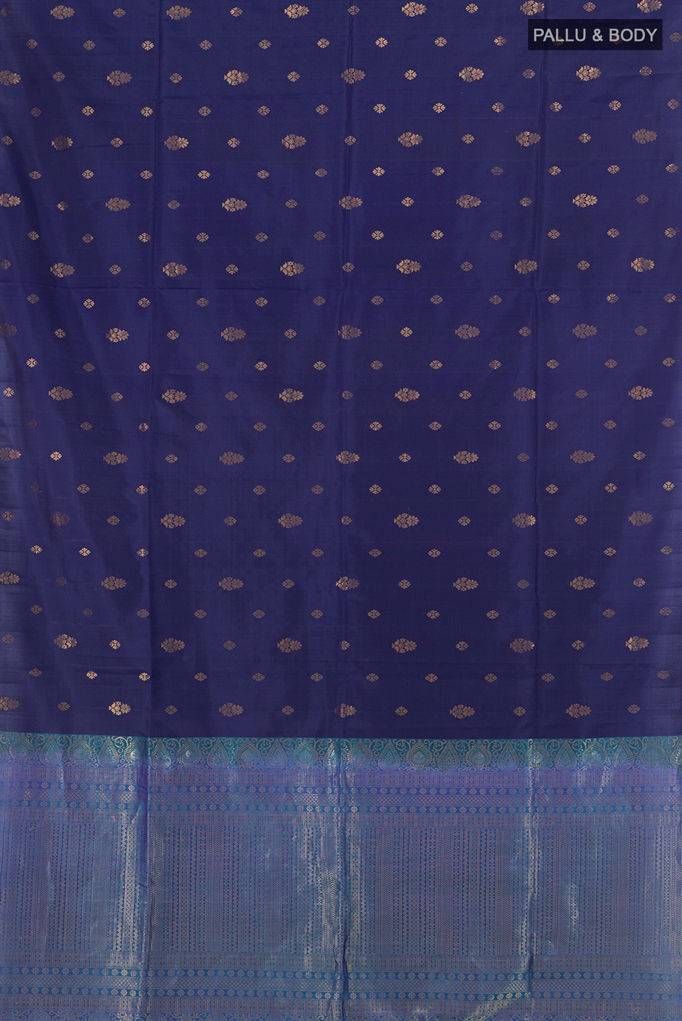 Flat view of Navy Blue Soft Silk Saree with Zari Butta on the body and Zari Border. 