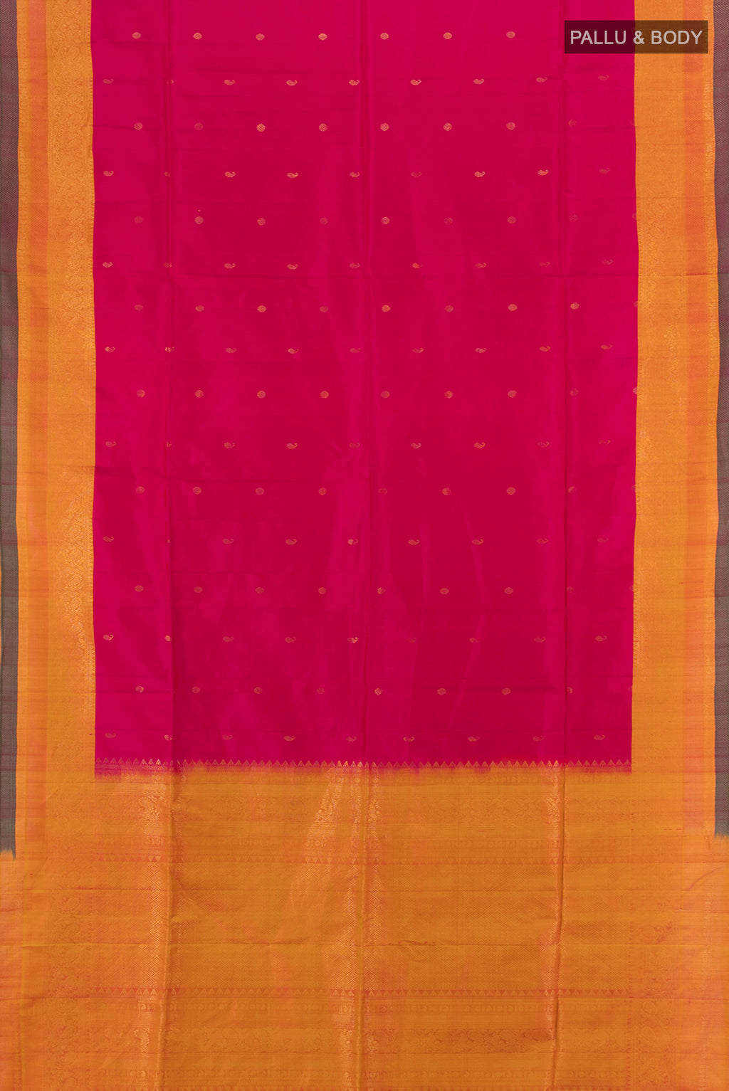 Flat view of Dark Pink Soft Silk Saree with Zari Butta on the body and Zari Border. 