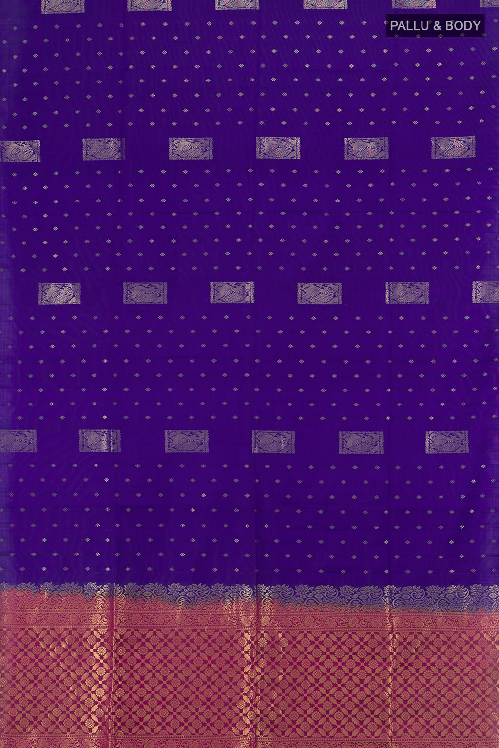 Flat view of Dark Blue Soft Silk Saree with Zari Butta on the body and Zari Border. 