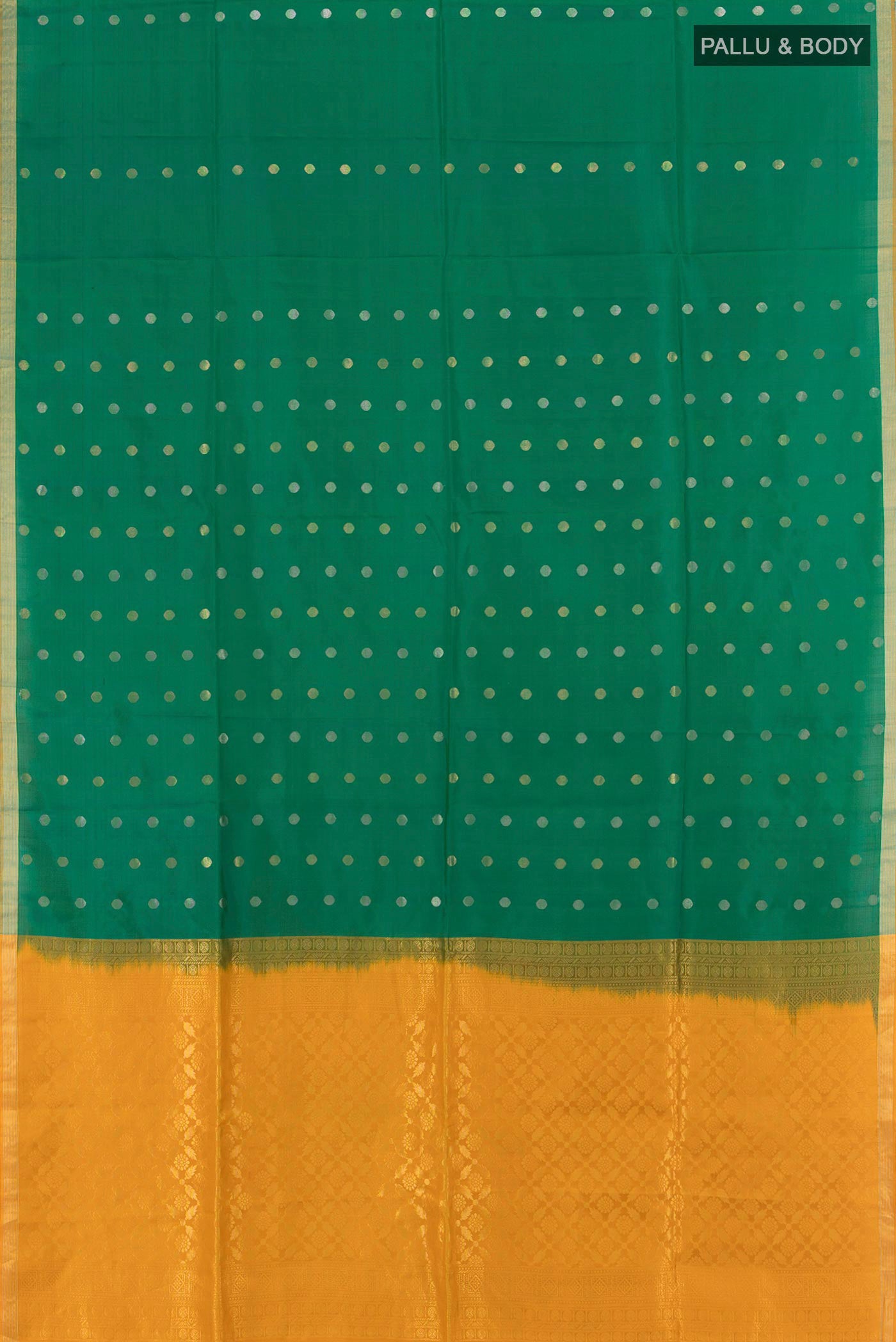Flat view of Green Soft Silk Saree with Zari Butta on the body and Zari Border. 