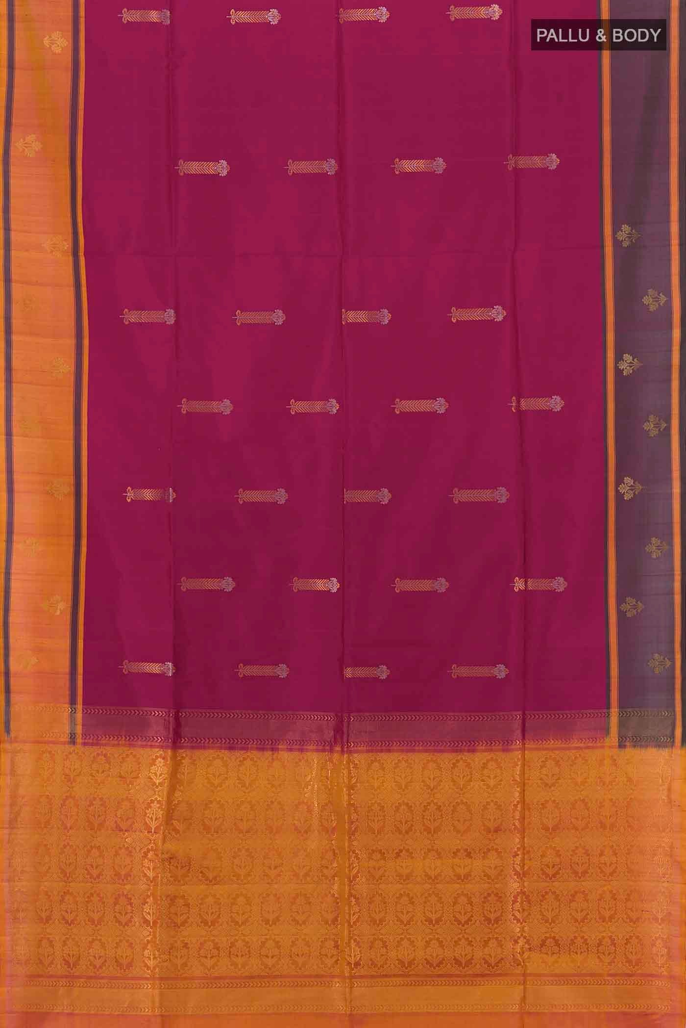 Flat view of Magenta Soft Silk Saree with Zari Butta on the body and Plain Border