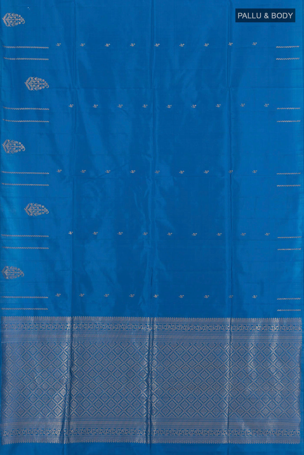 Flat view of Blue Soft Silk Saree with Zari Butta on the body and Without Border. 