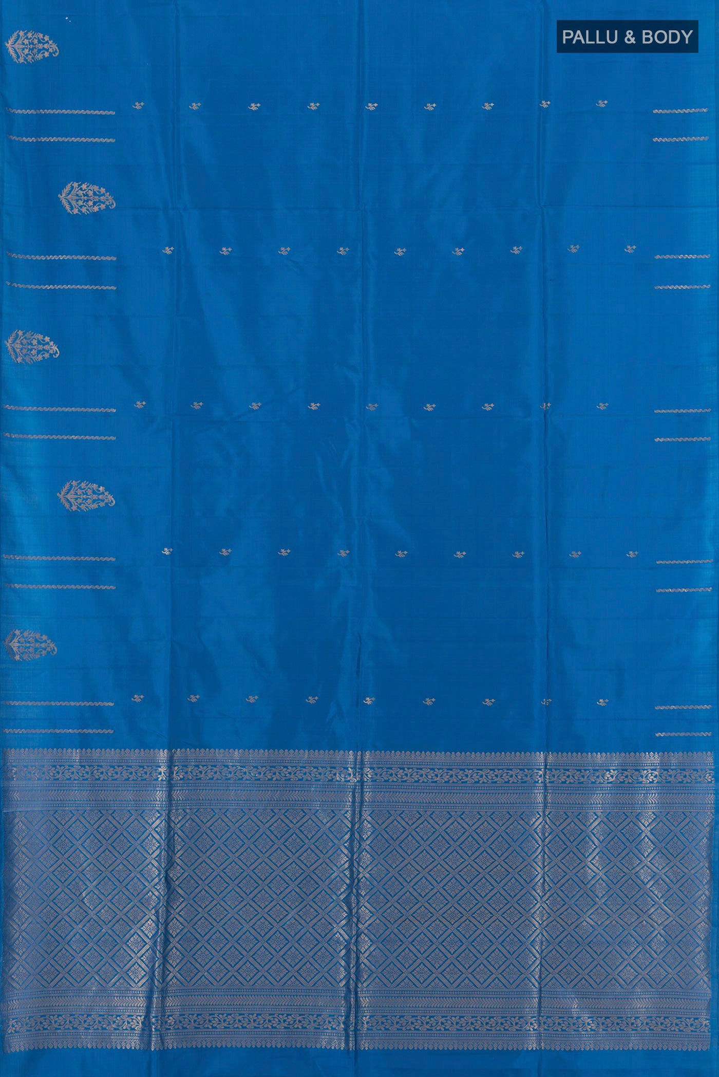 Flat view of Blue Soft Silk Saree with Zari Butta on the body and Without Border. 