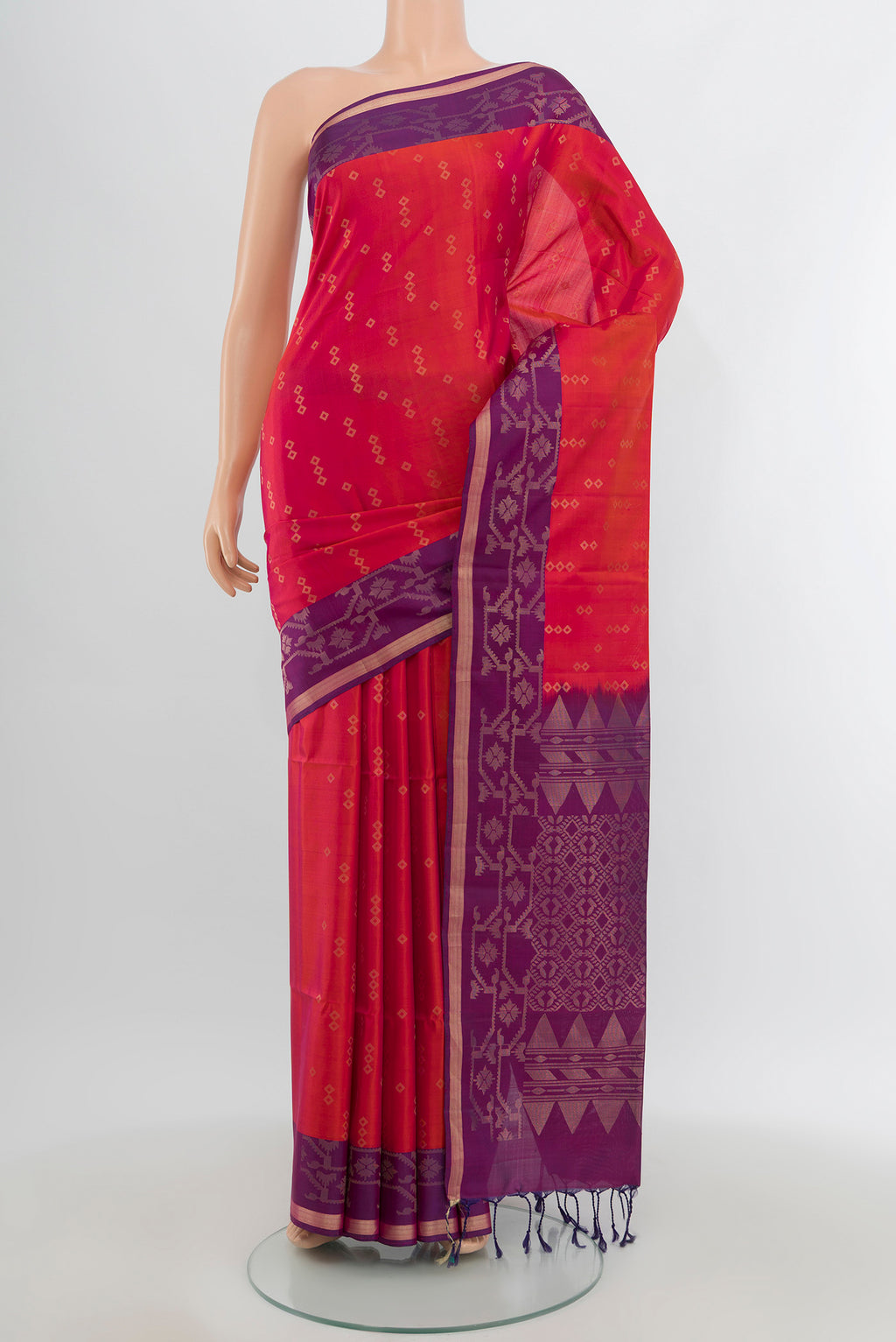 Multi Color Soft Silk Saree with Zari Butta on the body and Zari Border.  displayed on a mannequin