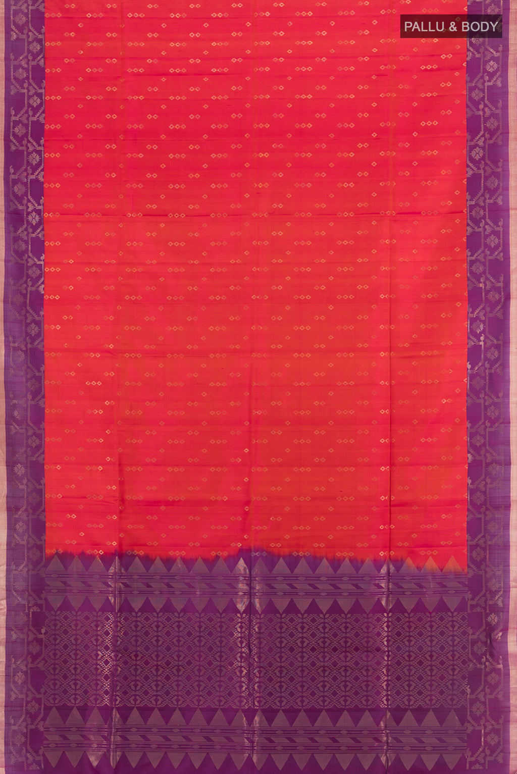 Flat view of Multi Color Soft Silk Saree with Zari Butta on the body and Zari Border. 