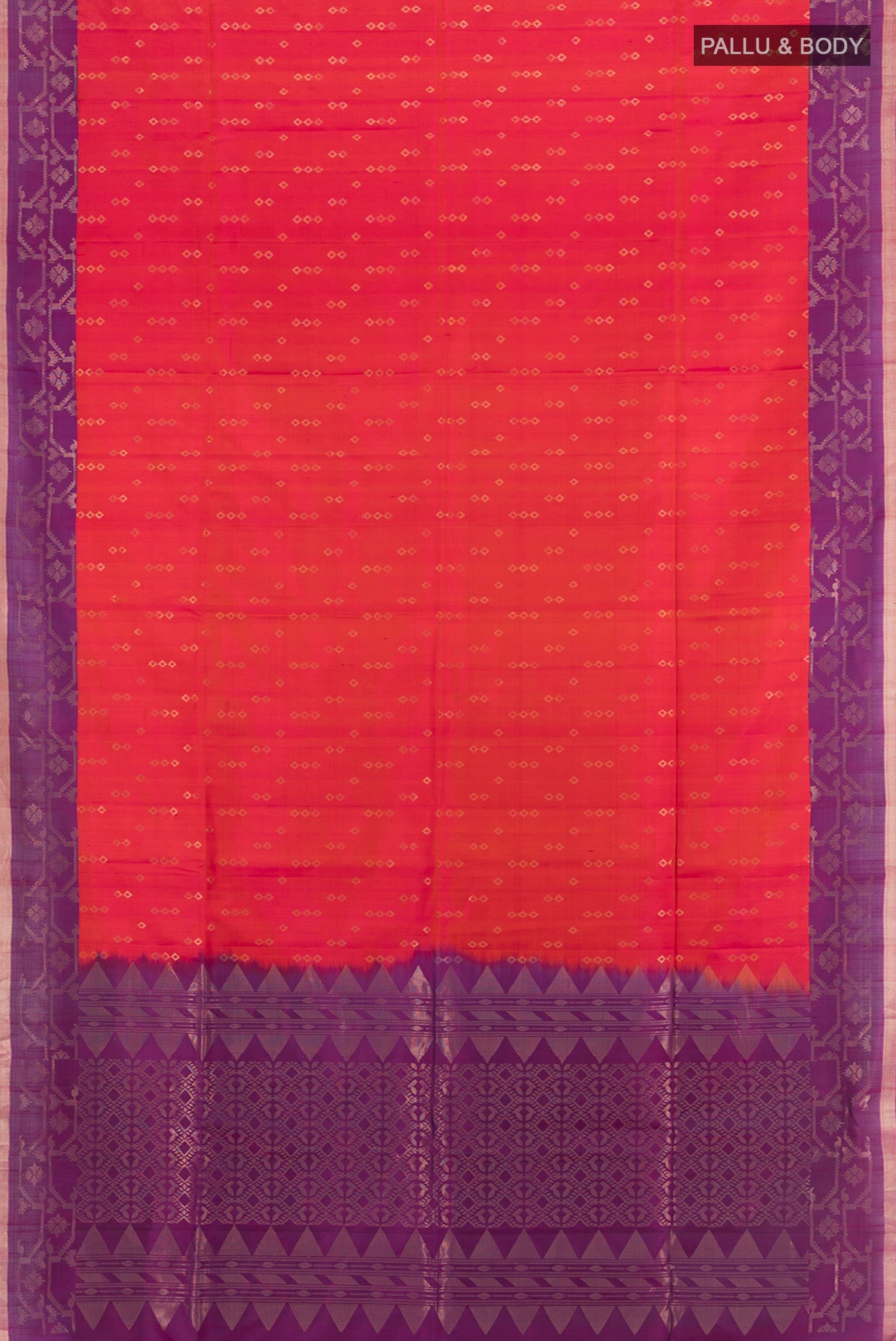 Flat view of Multi Color Soft Silk Saree with Zari Butta on the body and Zari Border. 