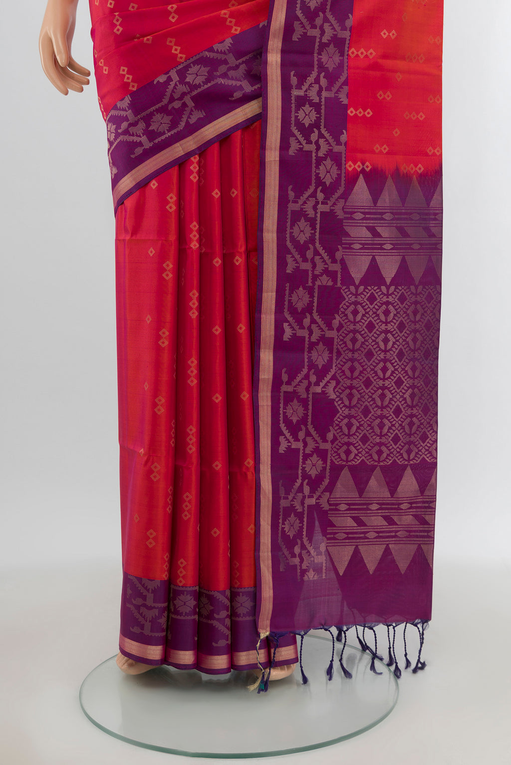 Pleats and pallu of Multi Color Soft Silk Saree with Zari Butta on the body and Zari Border. 