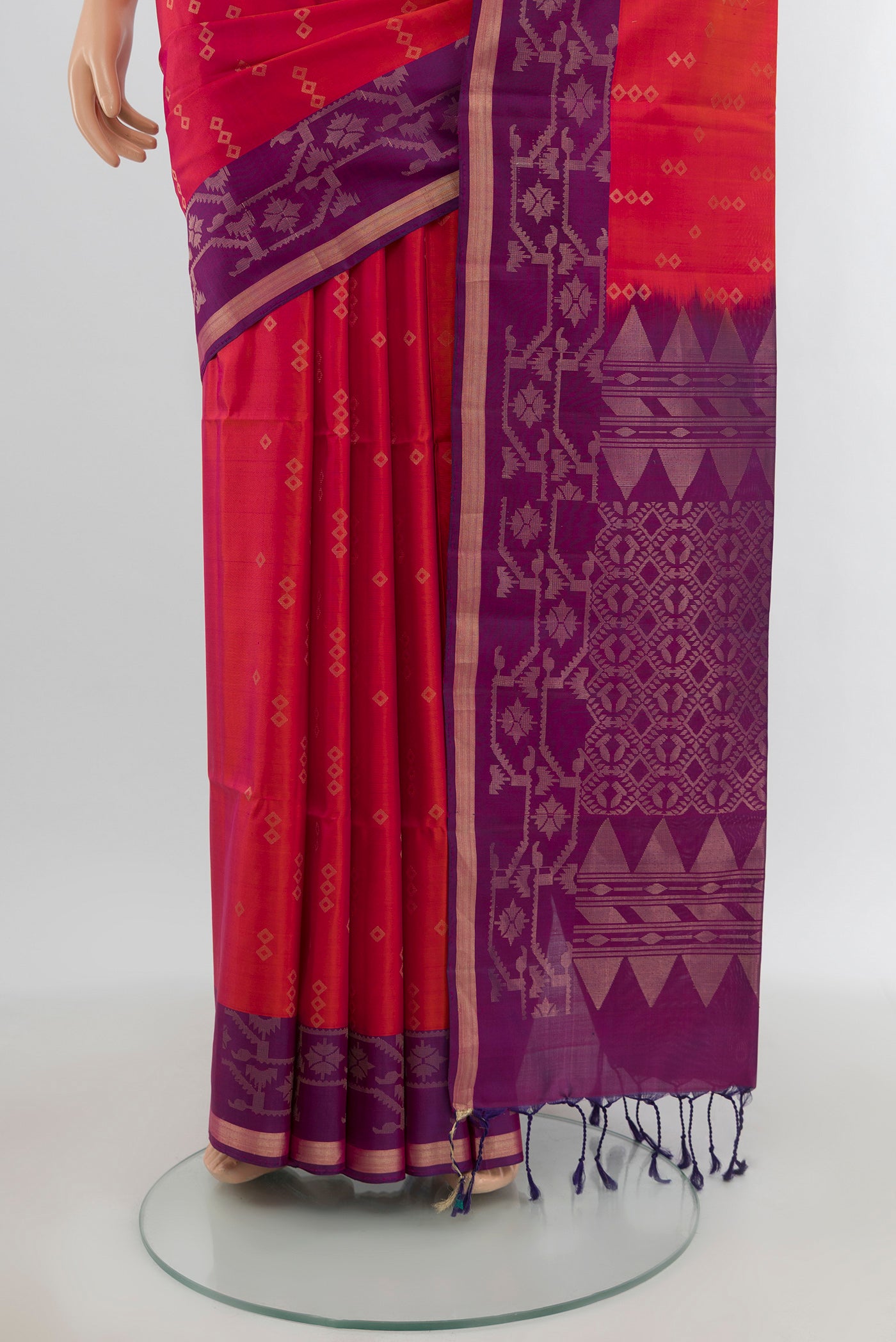 Pleats and pallu of Multi Color Soft Silk Saree with Zari Butta on the body and Zari Border. 