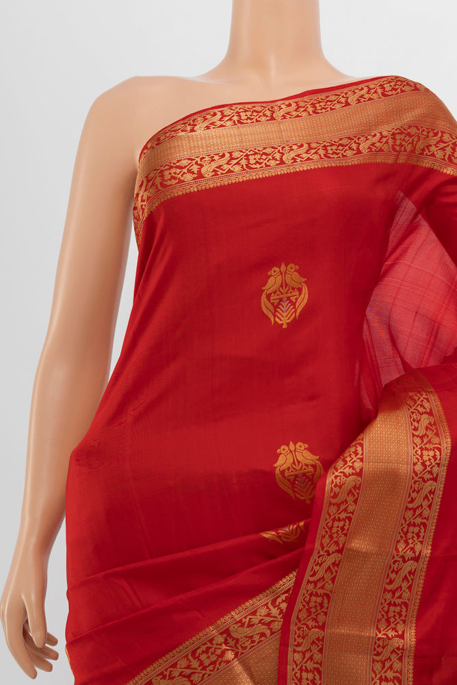 Border image of Red Soft Silk Saree with Zari Butta on the body and Silk Border. 