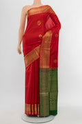 Red Soft Silk Saree with Zari Butta on the body and Silk Border.  displayed on a mannequin