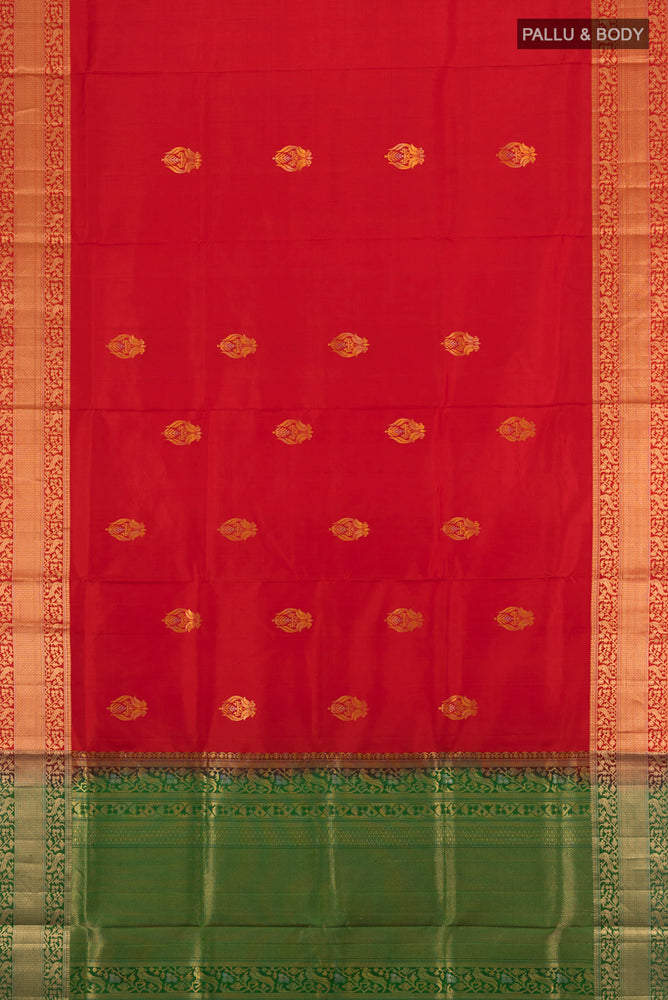 Flat view of Red Soft Silk Saree with Zari Butta on the body and Silk Border. 