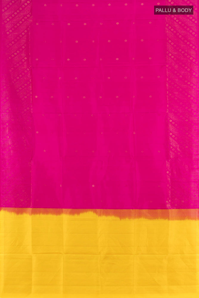 Flat view of Magenta Soft Silk Saree with Zari Butta on the body and Silk Border. 