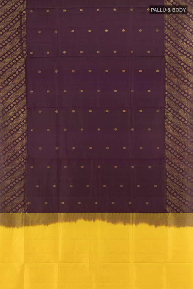 Flat view of Coffee Brown Soft Silk Saree with Zari Butta on the body and Silk Border. 