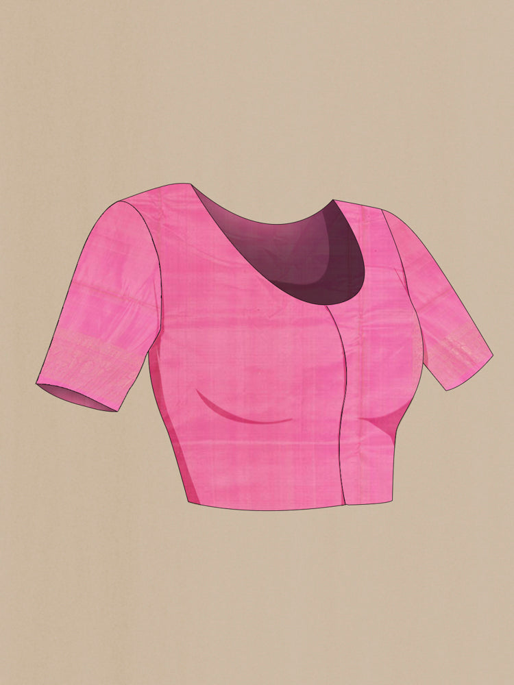 Close up image of the blouse of Rose pink Soft Silk Saree with Zari Butta on the body and Silk Border. 