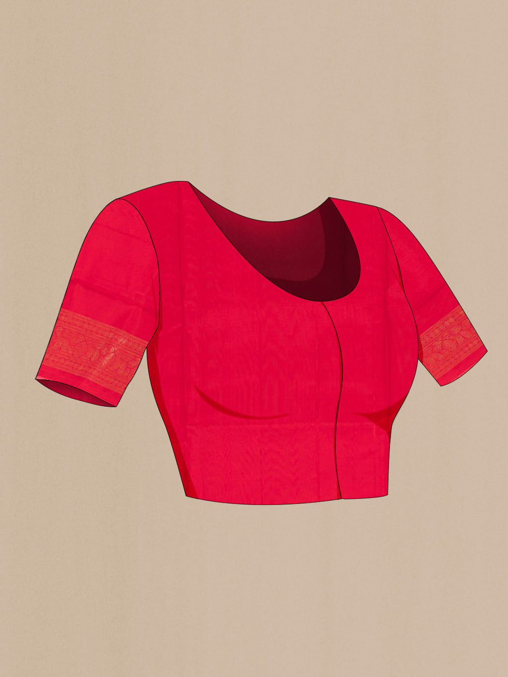 Close up image of the blouse of Red Soft Silk Saree with Zari Butta on the body and Silk Border. 