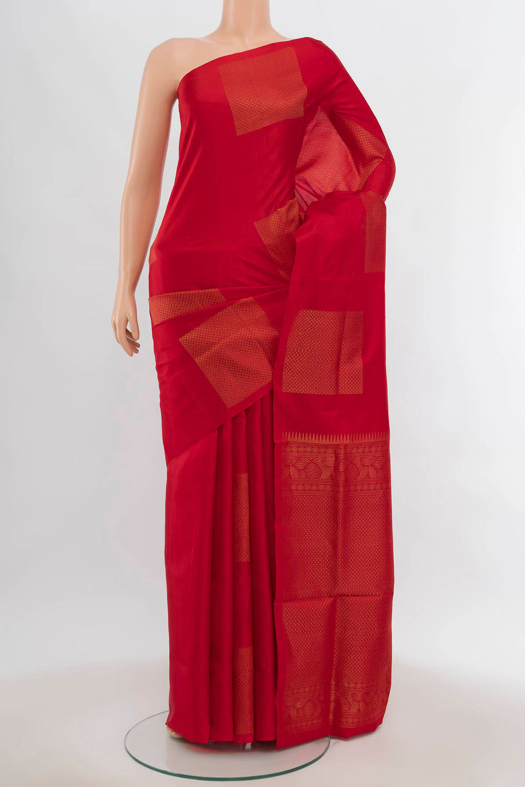 Red Soft Silk Saree with Zari Butta on the body and Silk Border.  displayed on a mannequin
