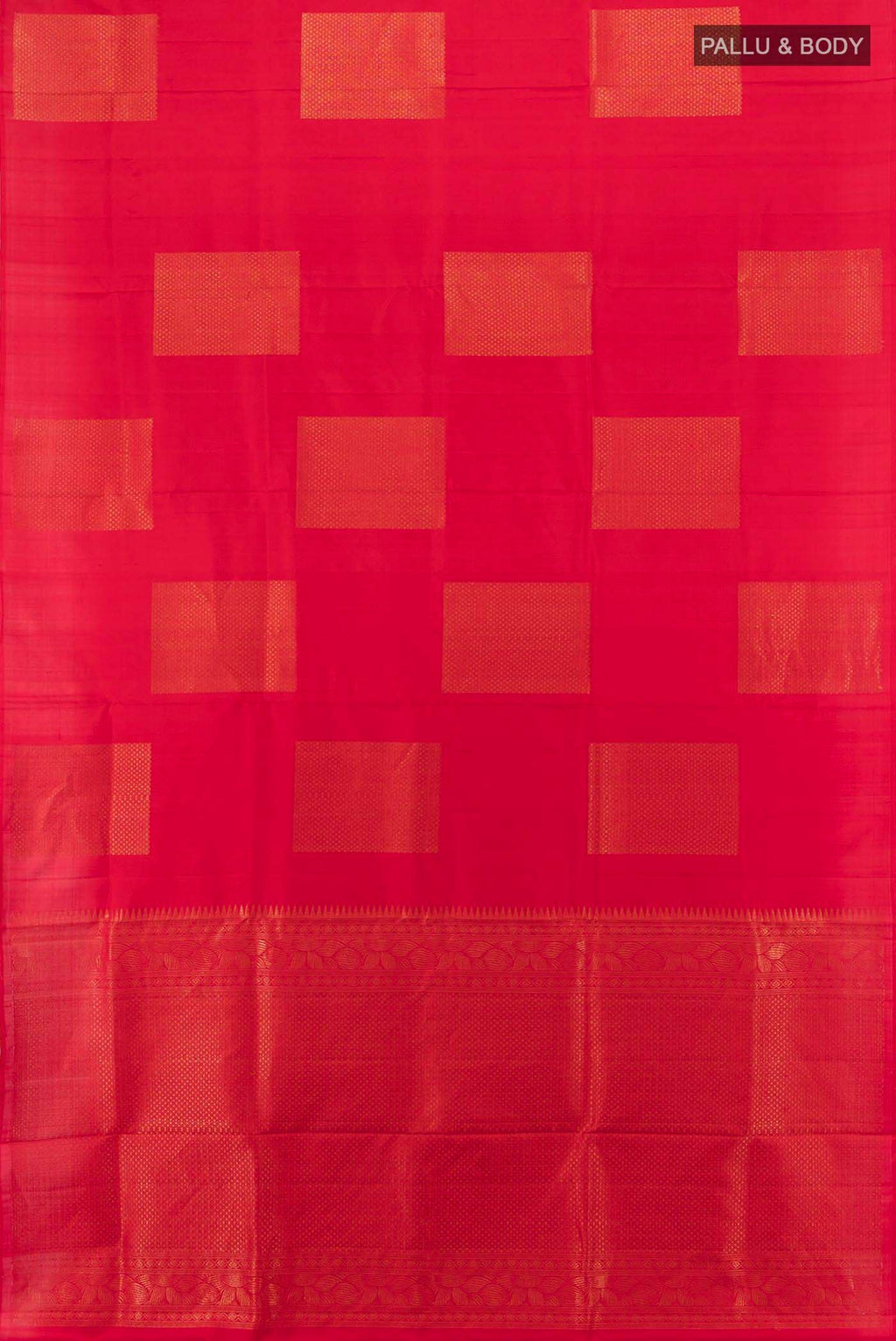 Flat view of Red Soft Silk Saree with Zari Butta on the body and Silk Border. 