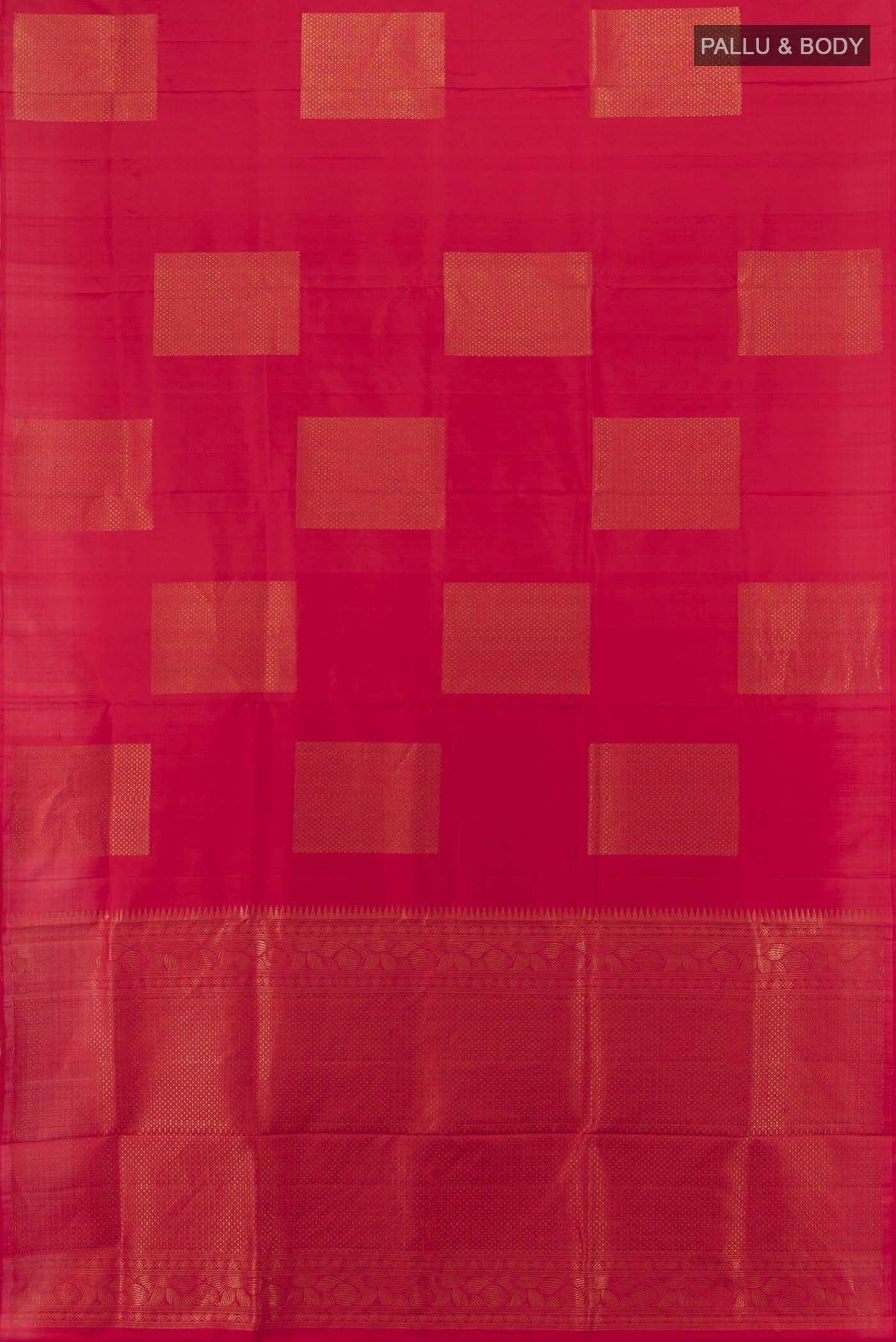 Flat view of Red Soft Silk Saree with Zari Butta on the body and Silk Border. 