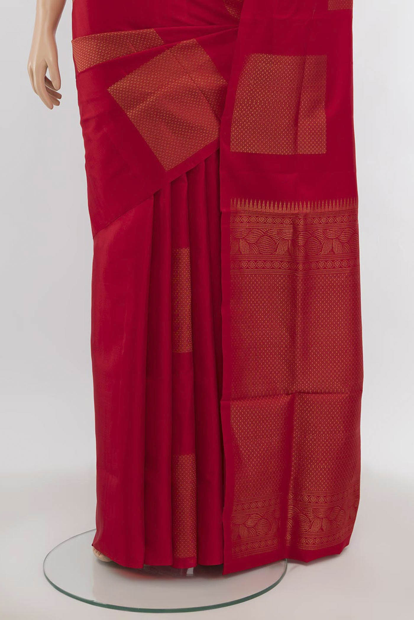 Pleats and pallu of Red Soft Silk Saree with Zari Butta on the body and Silk Border. 