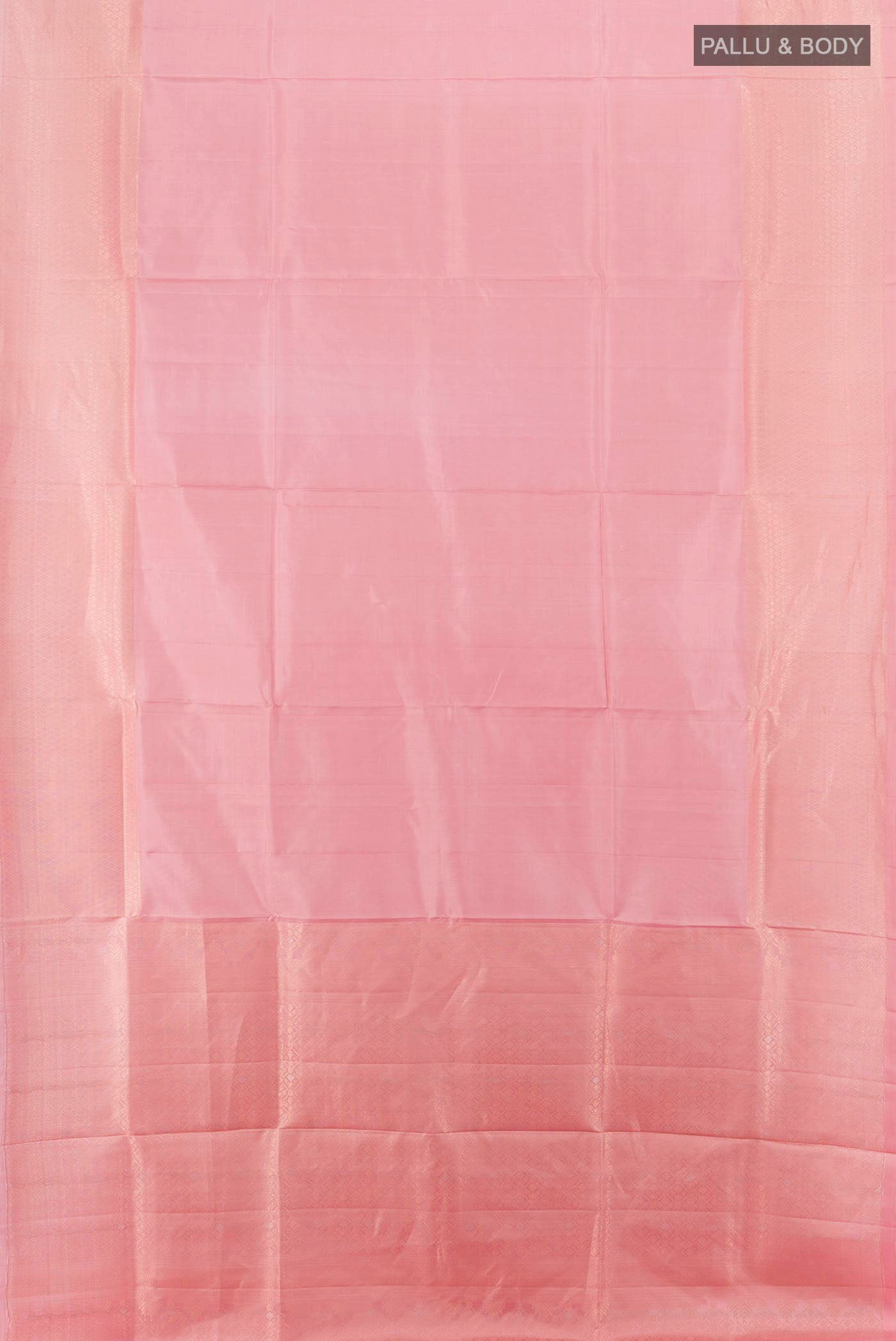 Flat view of Rose pink Soft Silk Saree with Zari Butta on the body and Zari Border. 