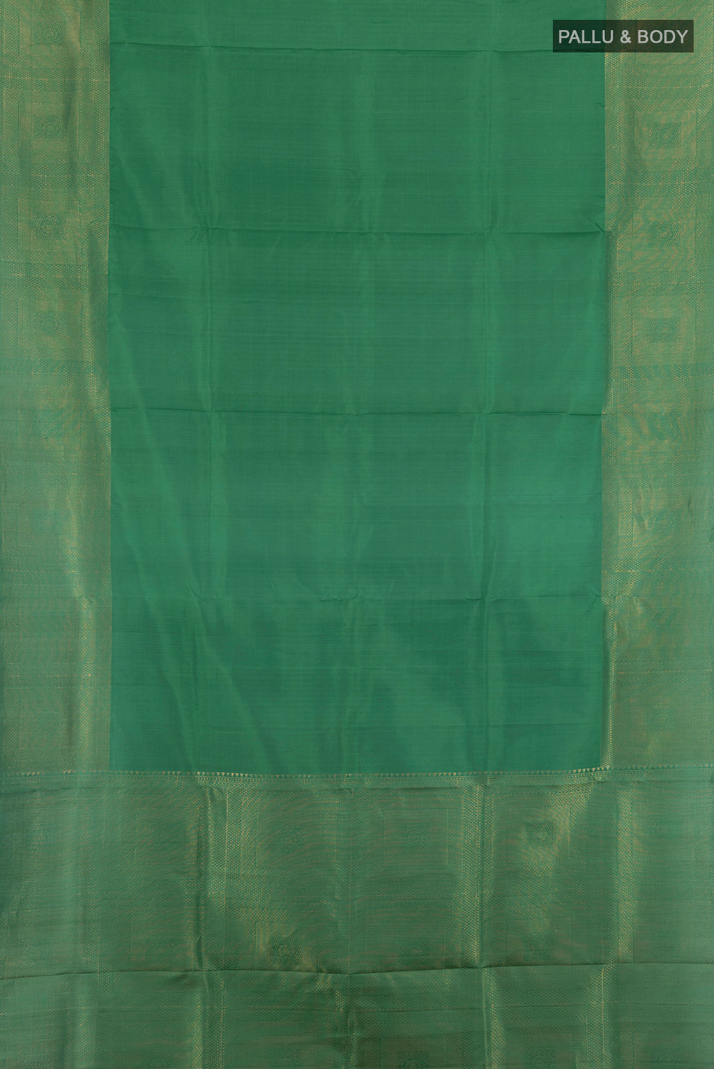 Flat view of Green Soft Silk Saree with Plain Body and Zari Border. 