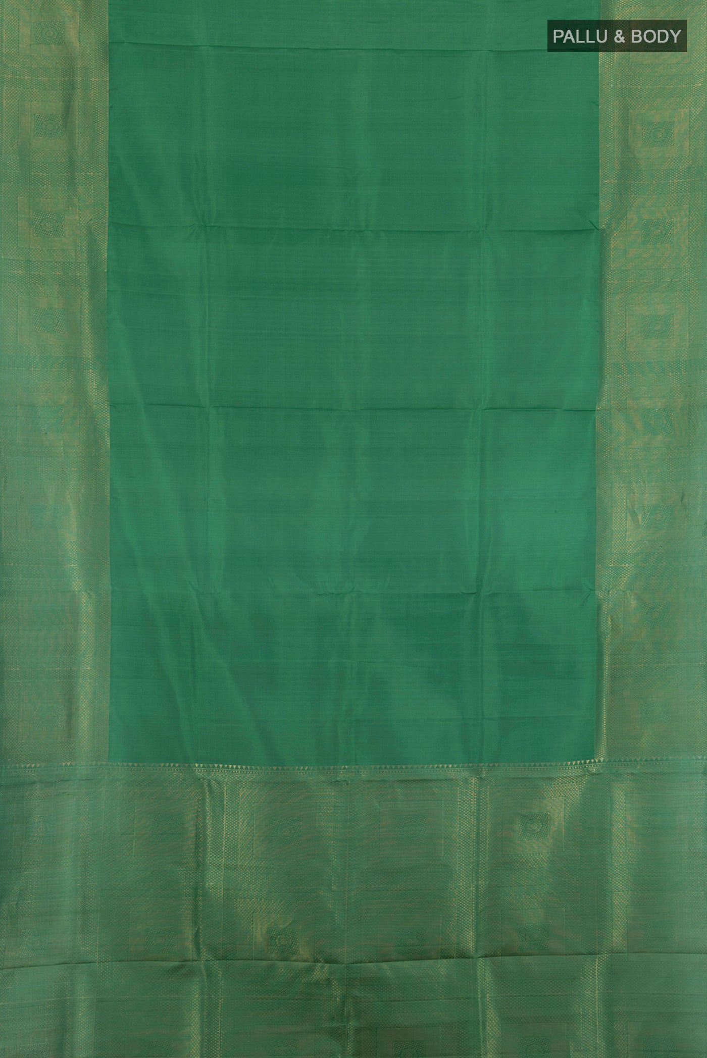 Flat view of Green Soft Silk Saree with Plain Body and Zari Border. 