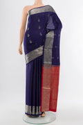 Navy Blue Soft Silk Saree with Zari Butta on the body and Silk Border.  displayed on a mannequin