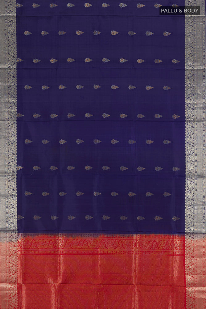Flat view of Navy Blue Soft Silk Saree with Zari Butta on the body and Silk Border. 